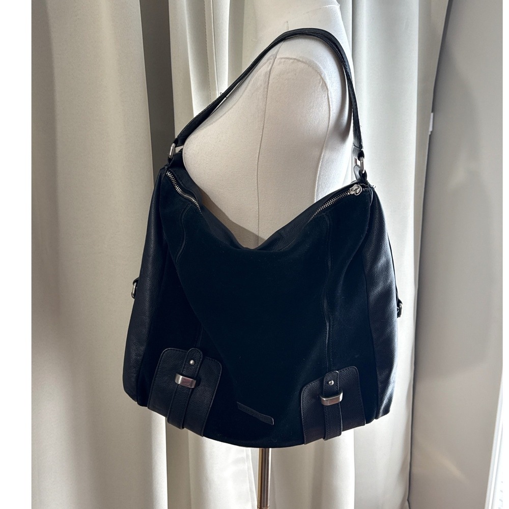 BCBGMAXAZRIA Black Pebbled Leather and Suede Hobo Shoulder Bag Mixed Media